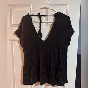 Xhilaration Black V-Neck Blouse with Gold Stripes